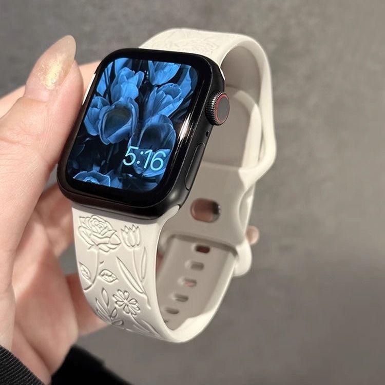

Силиконовый ремешок для Apple Watch, ремешок iWatch с тиснением розы Applewatch 8, 7, 6, 5, 4, 3, 2 1se Ultra, 38 мм, 40 мм, 41 мм, 42 мм, 44 мм, 45 мм, 49 мм 38/40/41mm слоновая кость