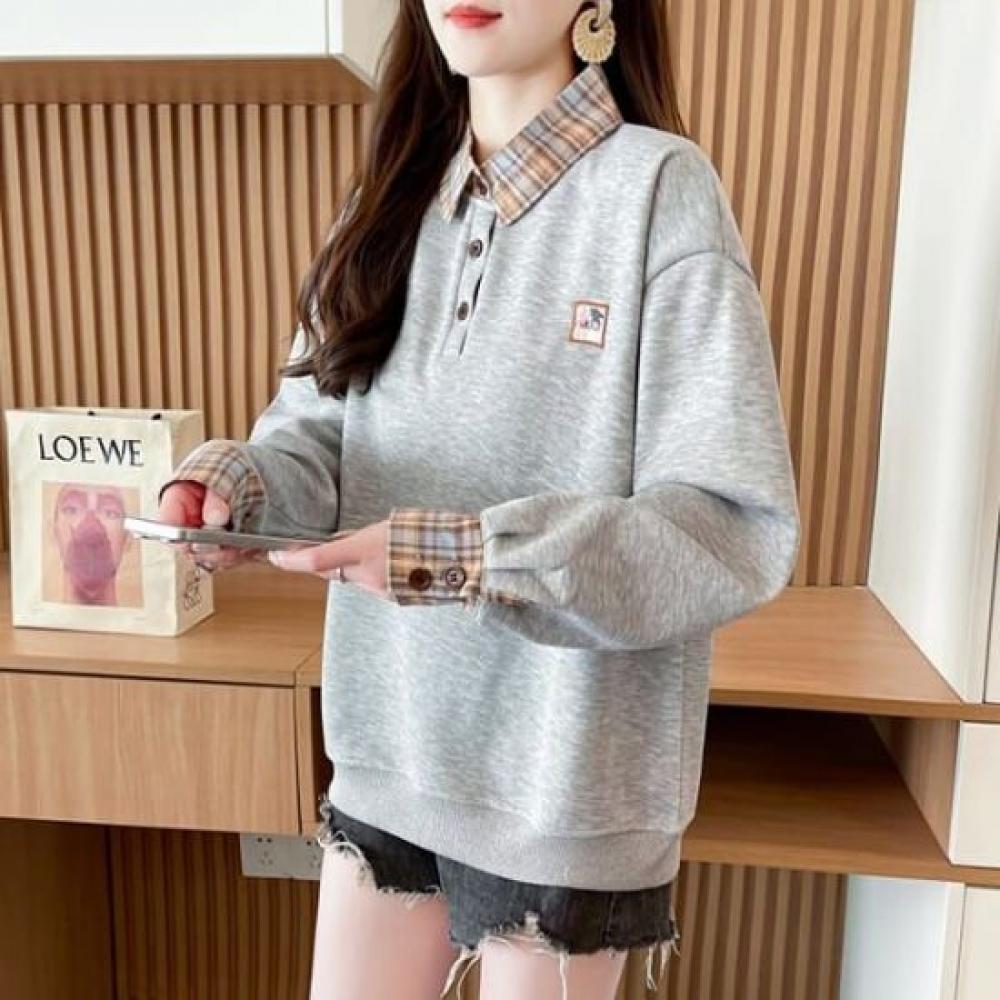 Navava Long Sleeve Check Collar Sweatshirt Nt2286