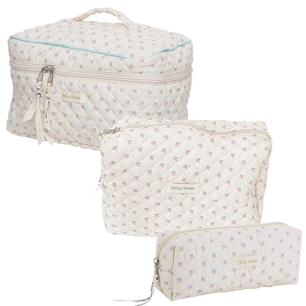 Women Padded Clutch with Zipper Quilted Cosmetic Pouch Cotton Floral Printed Large Capacity Female Girls Storage Bag Set