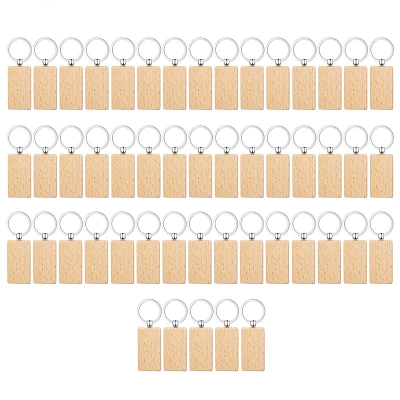 50 sztuk Puste Drewniane Drewno Bukowe Breloki Metalowy Breloczek Prostokątny/Okrągły/Owalny- Grawerowanie Drewna DIY Zestaw Breloków Breloczek Rękodzieło
