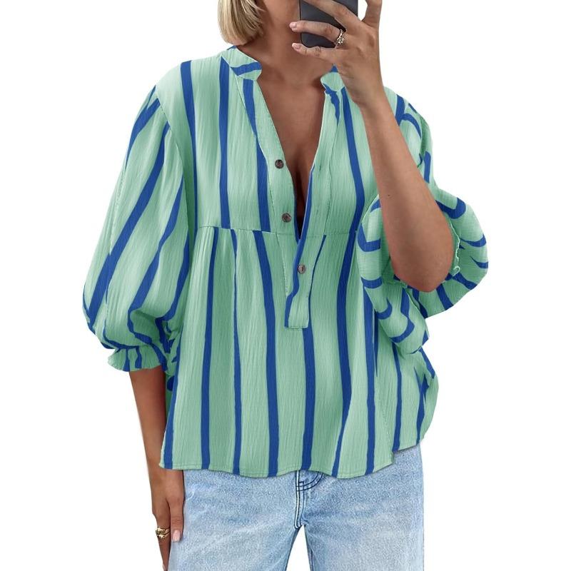 New Summer and Autumn Striped Shirt with Puffed Sleeves and Loose Top for Women