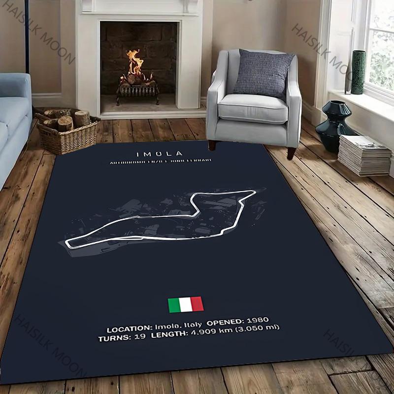 F1 Imola Monaco Streckenlayout Gedruckter Vier-Jahreszeiten-Teppich für Zimmer Sofa, Formel 1 Motorsport Thema Dekor Matte Rennliebhaber Teppich