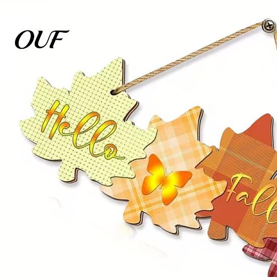 Holiday Hanging Welcome Plaque Autumn Sign with Rope for Front Door, Rustic Maple Leaf Shape Wood Thanksgiving Home Wall Art Decor Pumpkin And