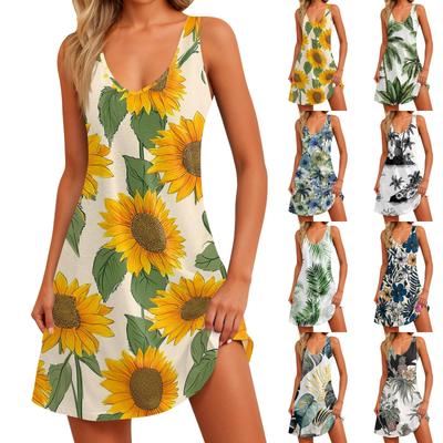 Women's Casual Fashion V-neck Sleeveless Floral Print Side Pocket Dress