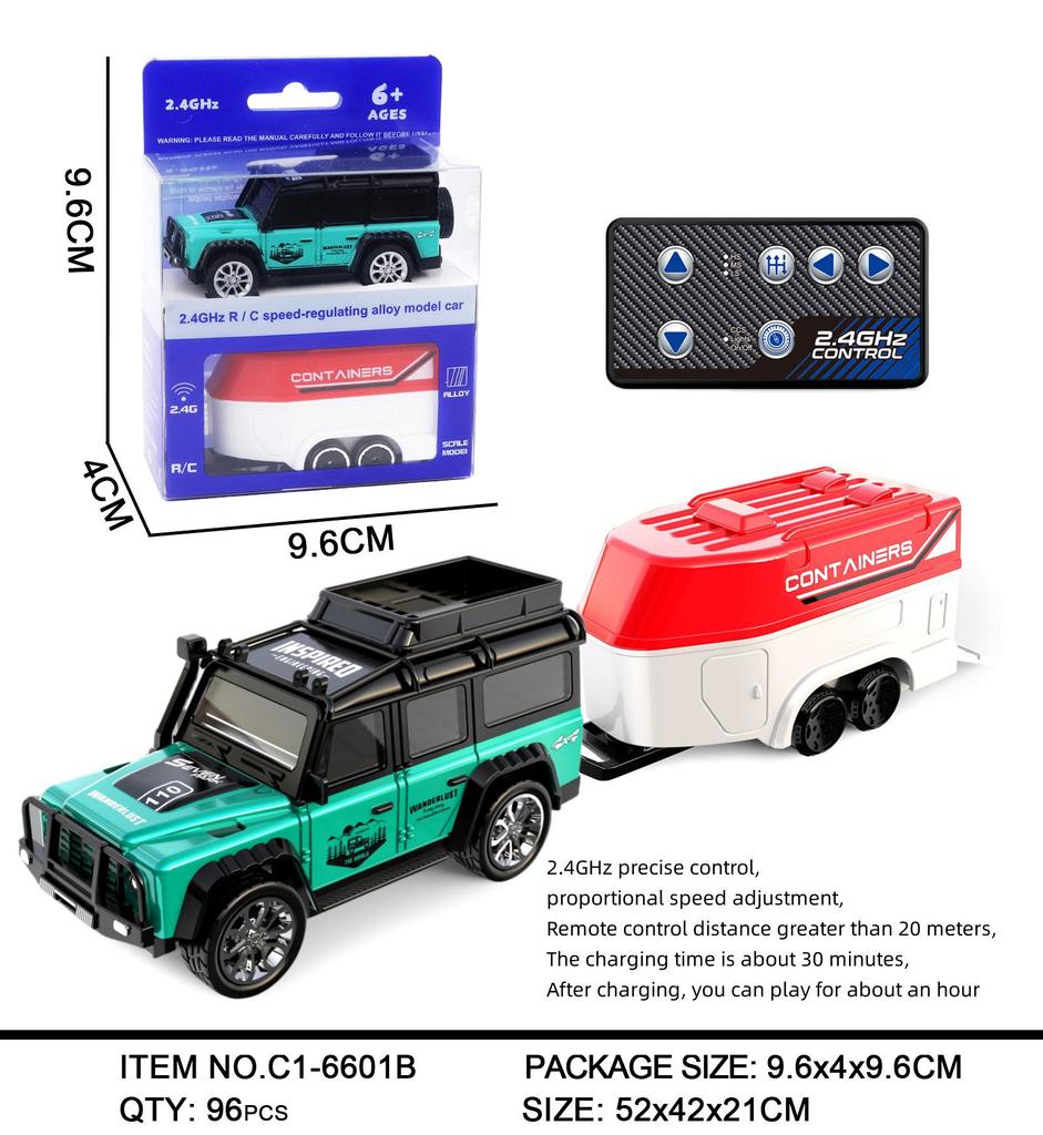 Mini Remote Control Car Toy 2.4G, Adjustable Speed, Lights & Trailer, 1:64 Alloy Simulation Model.
