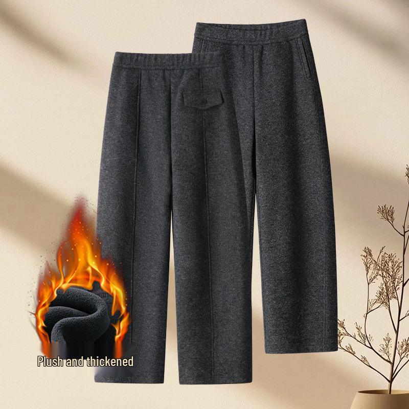 Women s Winter Wool Wide-Leg Fleece Pants, Elastic Waist, Slimming Straight-Leg, Customizable L черный серый