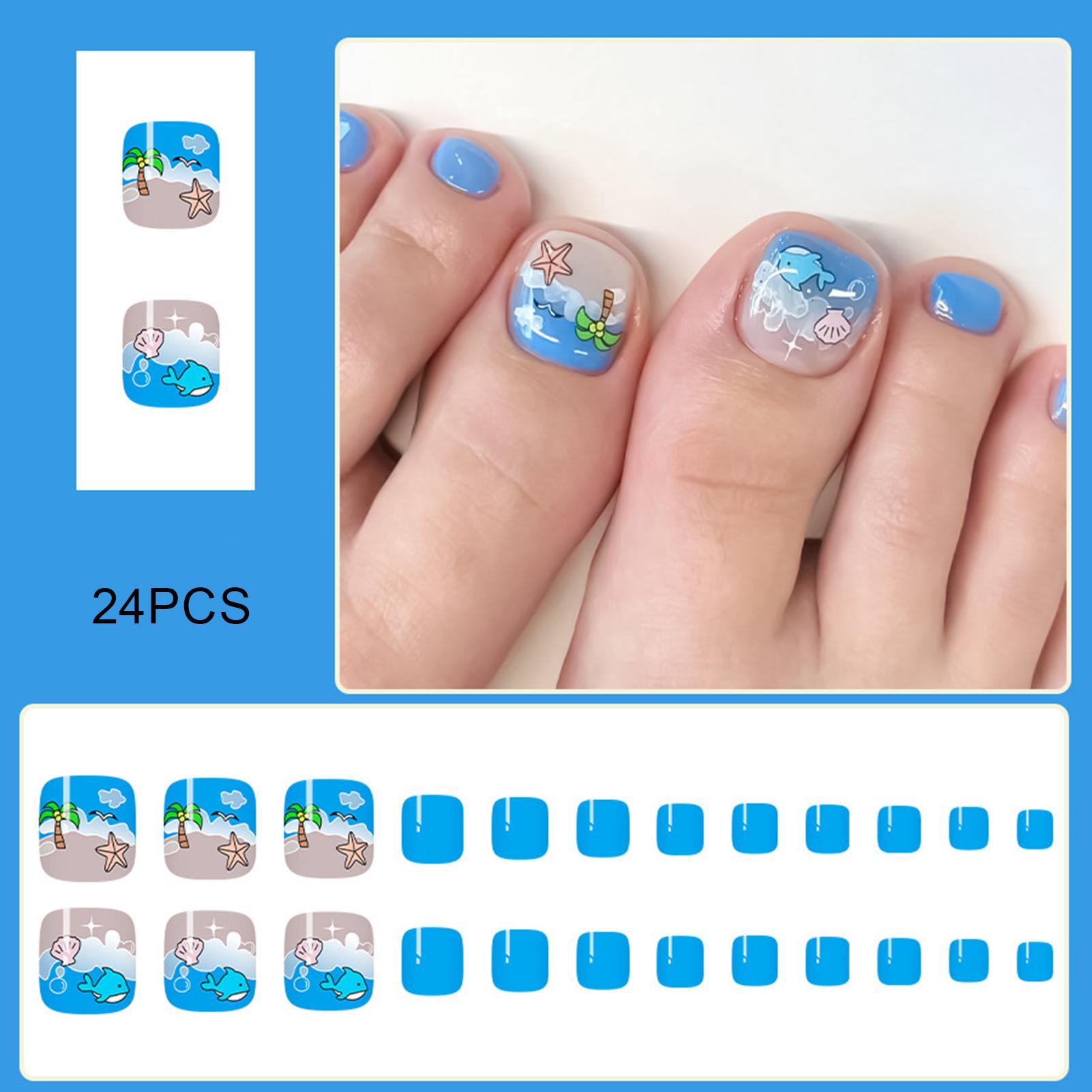 24PCS Blue Square Press on Toenails Reusable Long Lasting Press on Nails for Daily and Parties Wearing Tacitly Approve синий