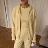 Otoño e invierno nuevo estilo europeo y americano conjunto de punto holgado para mujer con capucha y cremallera cárdigan + manga corta + pantalones de pierna ancha conjunto de tres piezas
