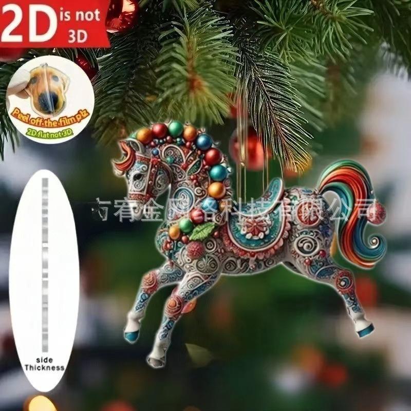 2D Christmas Tree Horse Ornaments Xmas Metallic Rhinestones Horse Christmas Hanging Horse Ornaments Gifts Home Decoration