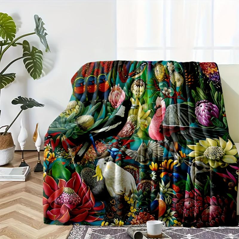Floral Parrot Print Flannel Throw Blanket Soft Cozy Fleece for Sofa Bed Travel Camping Living Room All Season Decor Gift