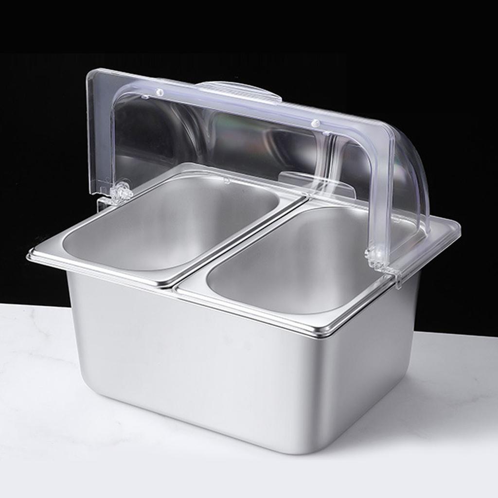 Buffet-Tablett mit 2 Fächern aus Edelstahl mit transparentem Rolldeckel für Restaurant-Würzmittelspender, Lebensmittel-Auslagebehälter