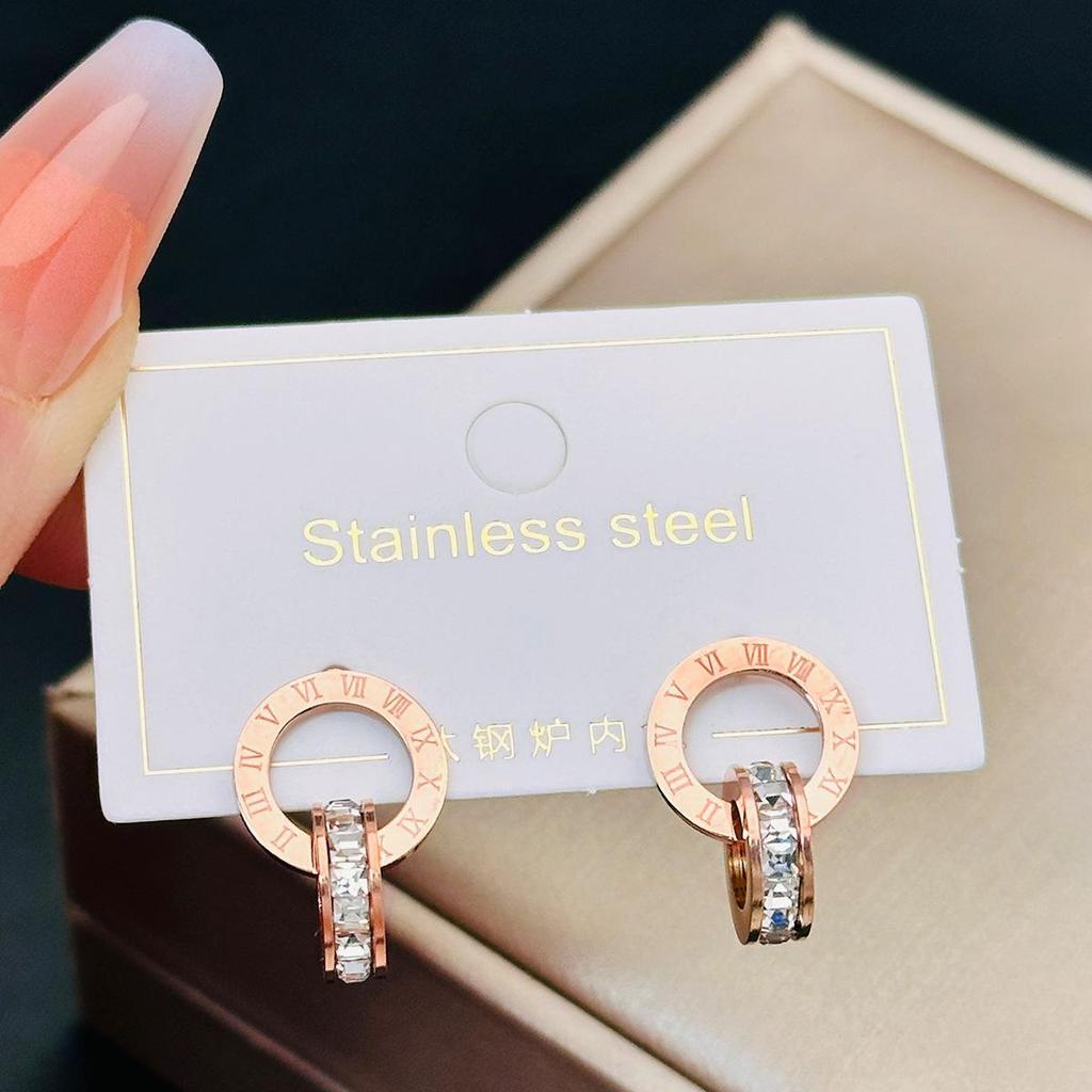 New creative earrings with diamond inlay rose gold titanium steel earrings women's double ring popular earrings accessories