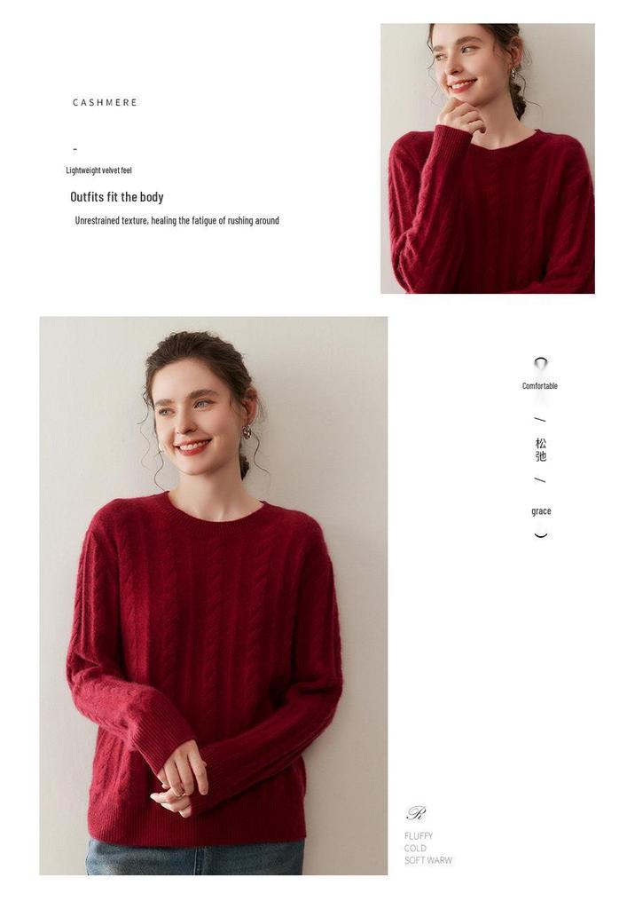 Women's Cashmere Sweater - Cable Knit, Slim Fit, Round Neck, Long Sleeve, Solid Color, Elegant Autumn/Winter Top