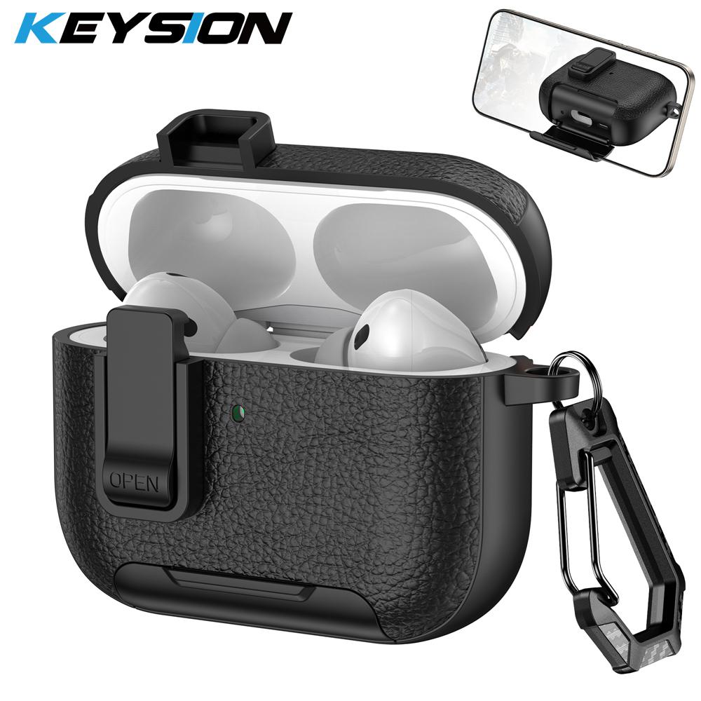KEYSION with Carabiner Lock Phone Stand Protective Earphone Case for AirPods Pro 3 Pro 2 Soft TPU+PC Shockproof Cover for AirPods 4 3 2 1