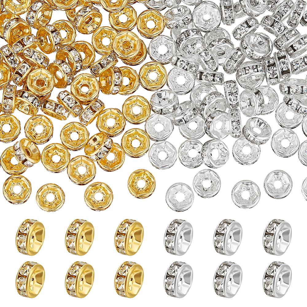 200Pcs 2 Colors Brass Rhinestone Spacer Beads, Grade A, Straight Flange, Flat Round, Golden & Silver, 6x3mm, Hole: 1mm, 100Pcs/color