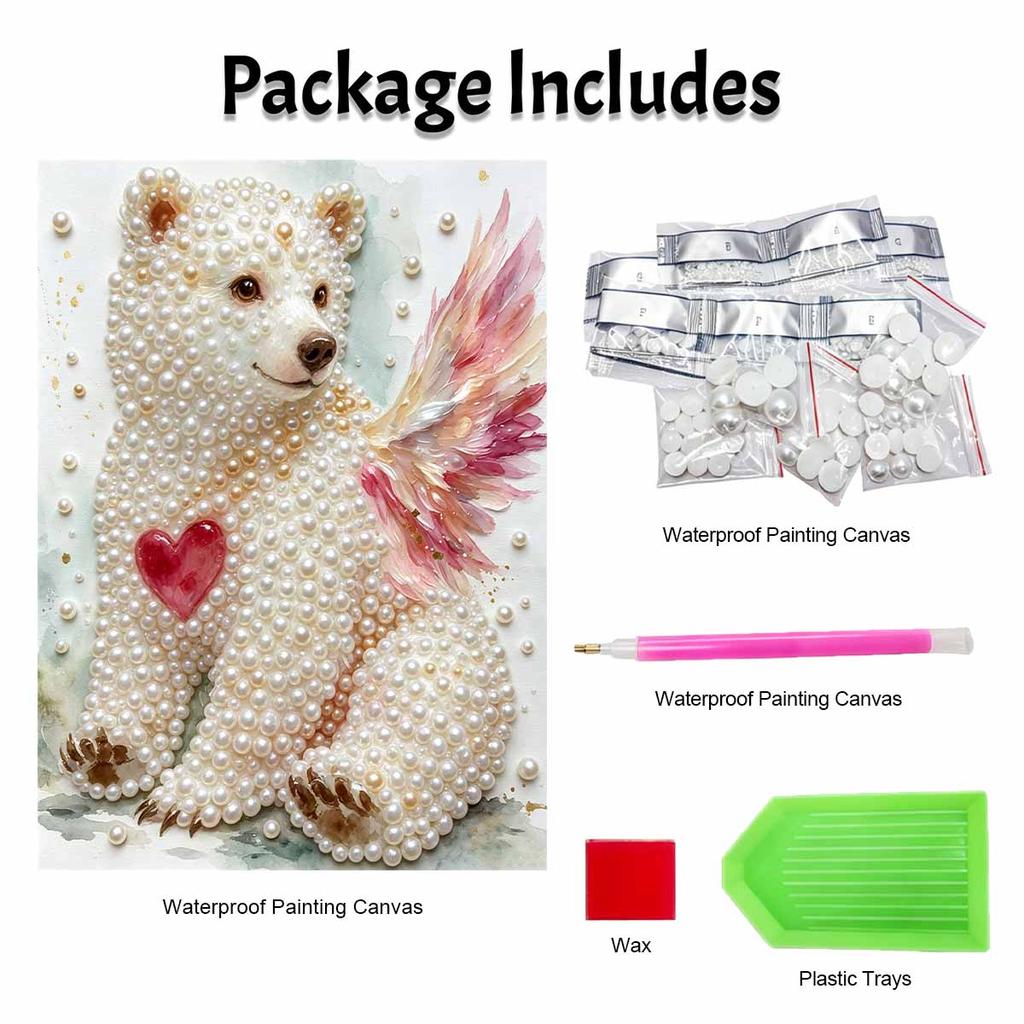 Relaxing DIY Pearl Painting Kit Framed with Winged Bear Heart Design 5D Sparkling Bead Canvas Craft for Girls Bedroom Decor Gift