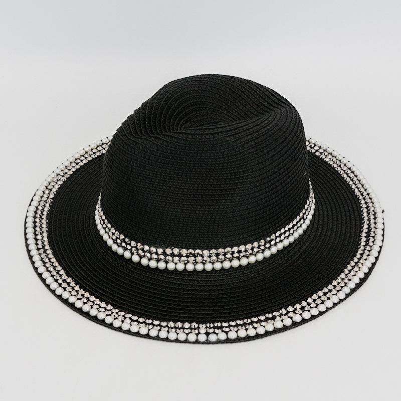 Woven Lafite Pearl Straw Hat British Style Hot Diamond Top Hat Outdoor Trend Sun Protection Big Brim Sun Hat
