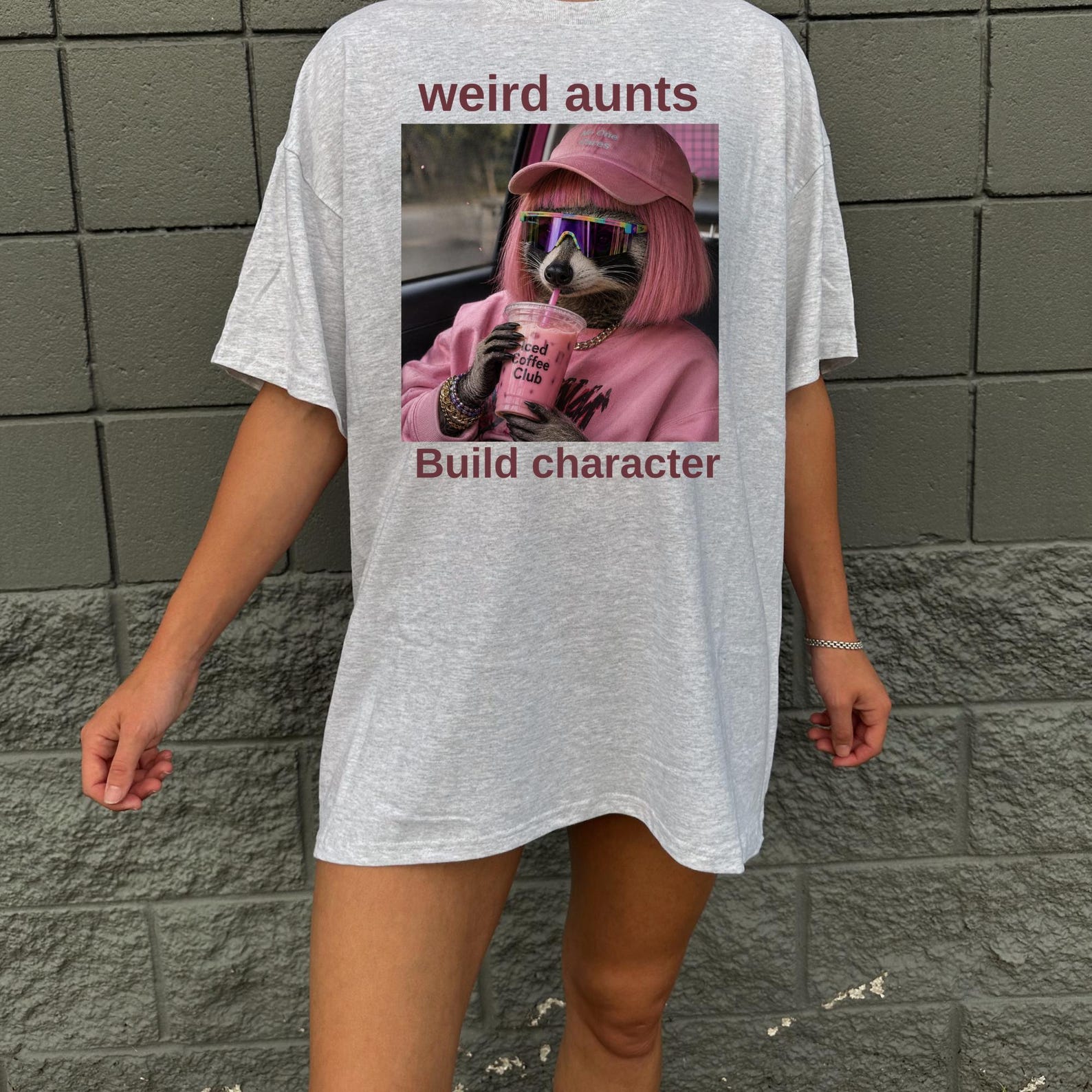 Weird Aunts Build Character Shirt, Funny Raccoon T-Shirt, Pink Iced Coffee Lover Tee, Retro 90s Sunglasses Raccoon, Feral Aunt Gift, Funny. 3XL
