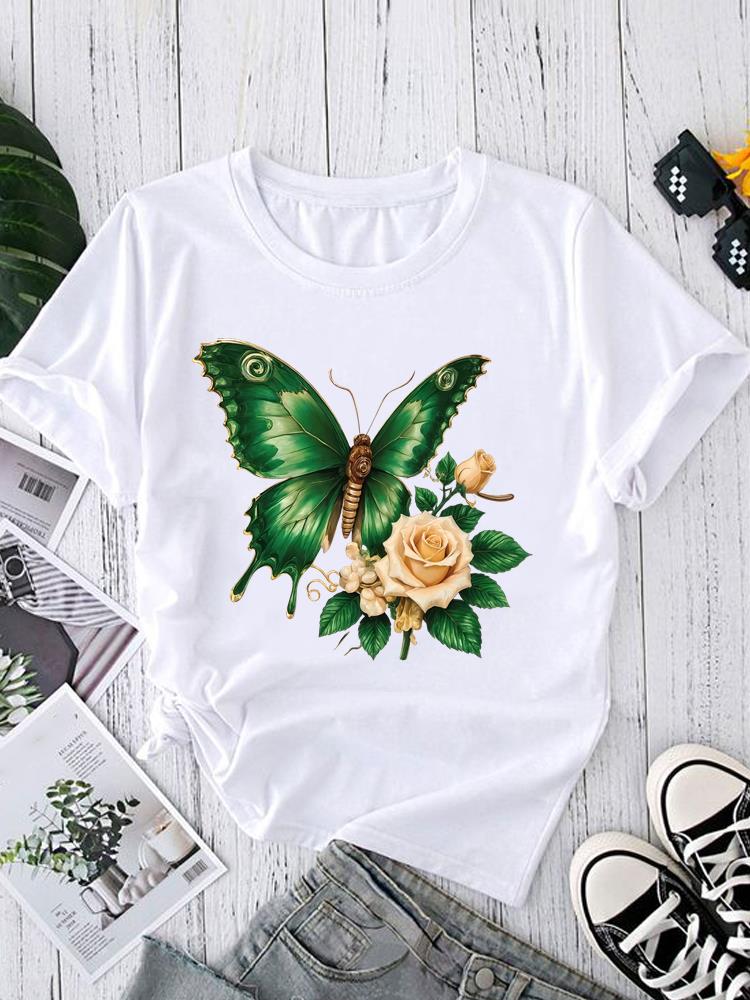 (Asian Size) Watercolor Style Trend Short Sleeve T-shirts Print O-neck Fashion Female Casual Women's Top T Clothing Graphic Tee