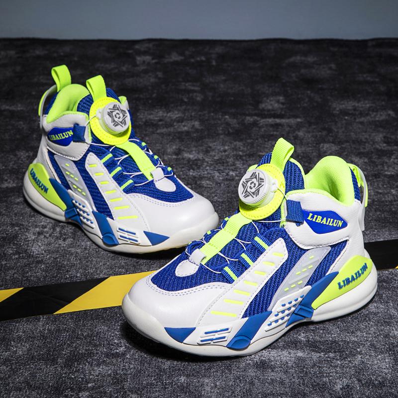 Nowe dziecięce buty do koszykówki z przyciskiem obrotowym, modne trampki dla chłopców, szkolne buty sportowe dla dziewcząt, dziecięce buty codzienne, buty outdoor