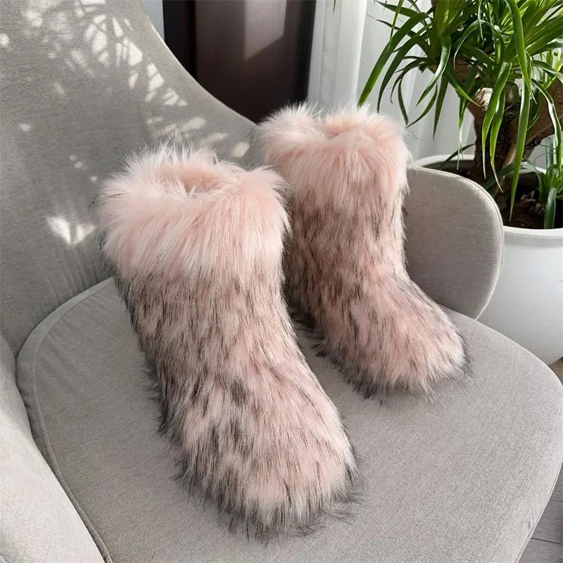 Fashion New Winter Fur Onepiece Raccoon Fur Female Snow Boots Fur Shoes Outdoor Mid Leg Boots