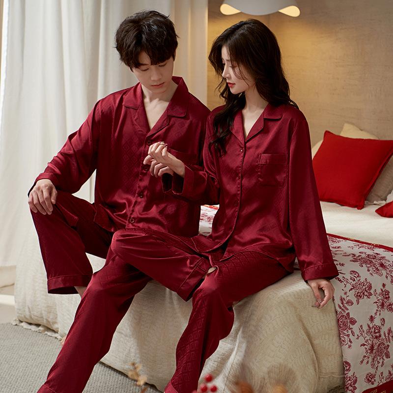 1011 spring and autumn pajamas ice silk women's long-sleeved red wedding wedding high-end summer men's loungewear suit