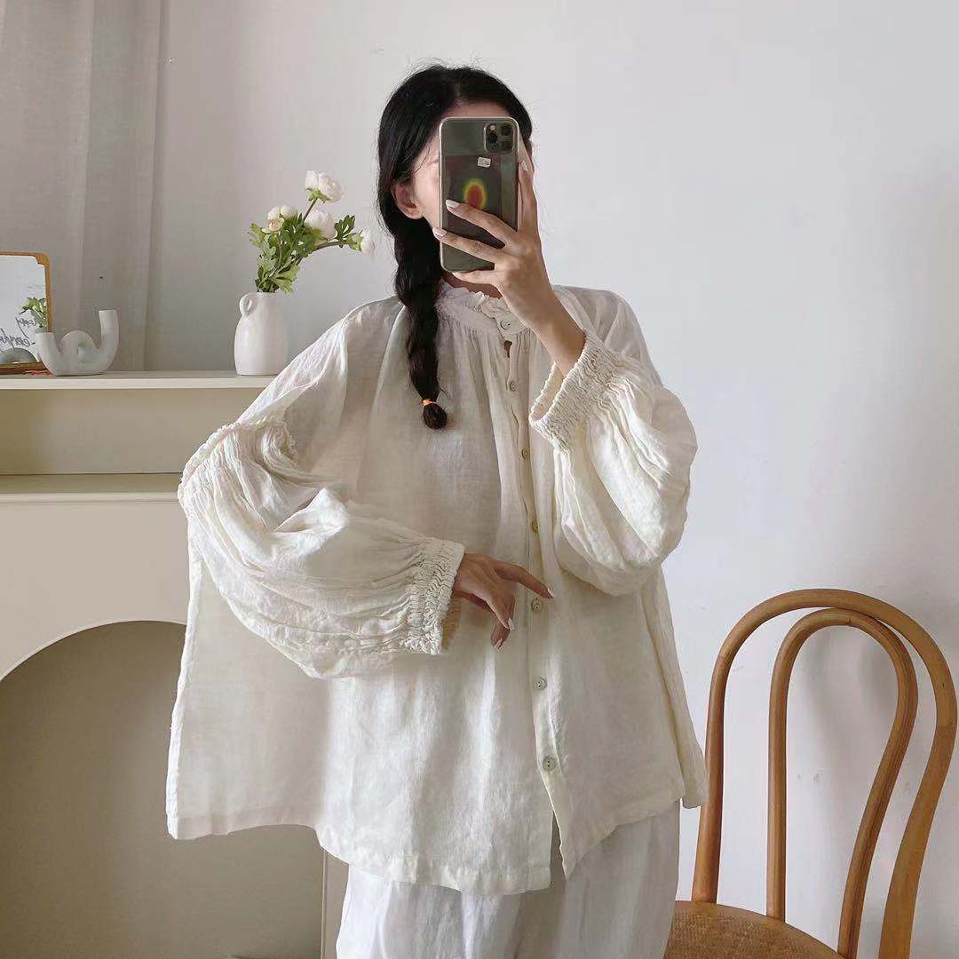 

Johnature винтажные льняные женские топы и блузки, осенние свободные однотонные рубашки с рукавами-фонариками и оборками One Size бежевый