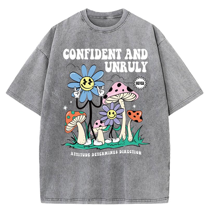 Confident And Unruly Mushroom Flowers Printed Washed T-Shirts Women Summer Cotton T Shirt Comfortable Loose Top Clothes