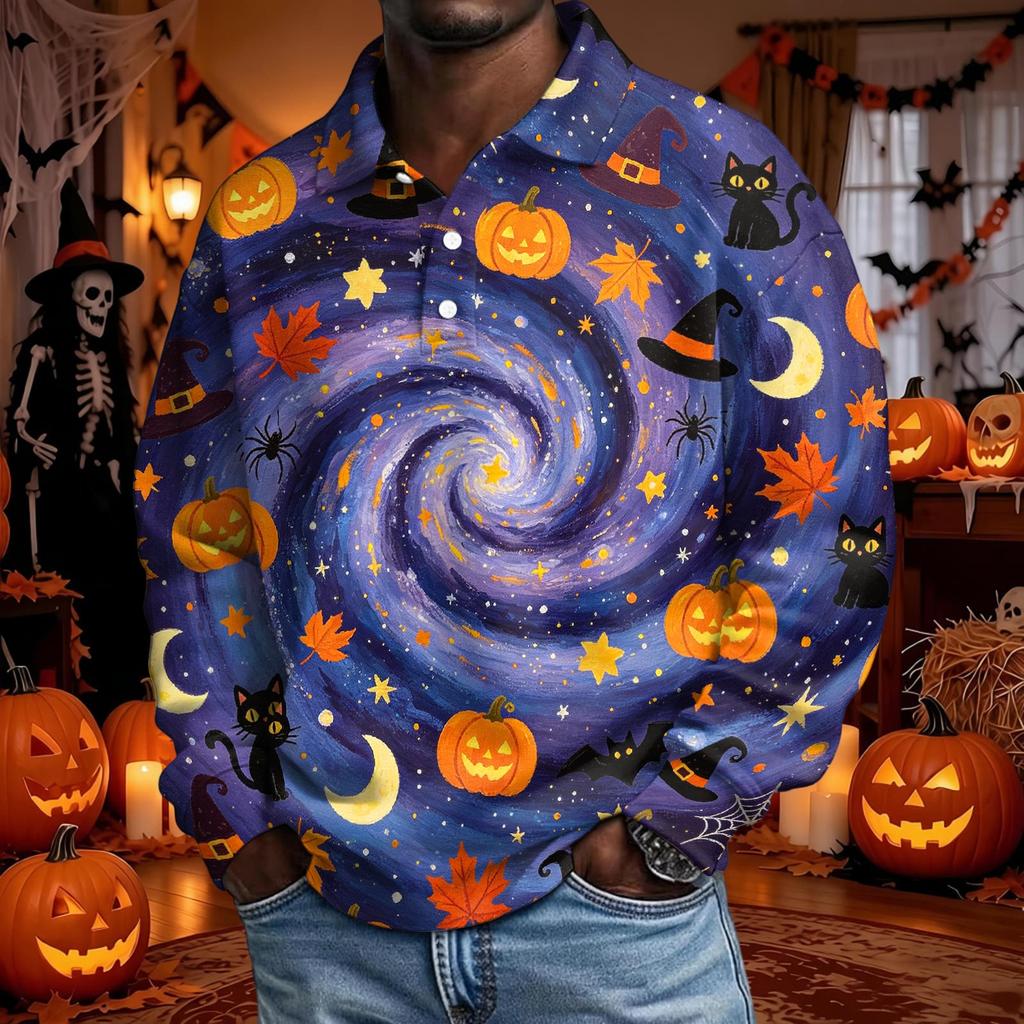 Men's Halloween Long Sleeve Button Up Shirt for Party and Casual Wear