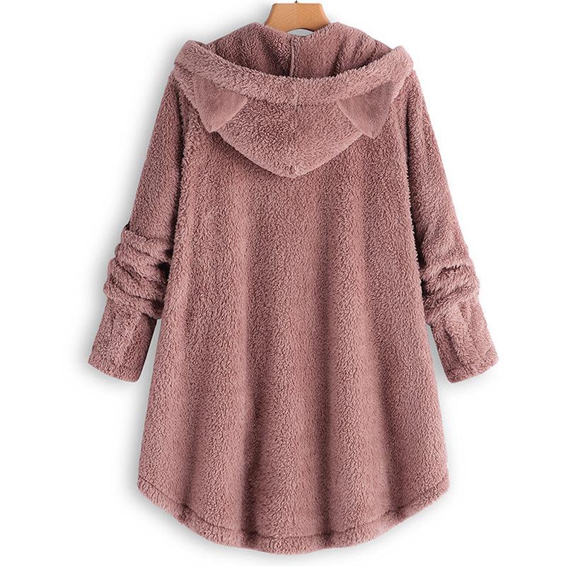 Autumn and Winter European and American Buttons Hooded Cat Ears Plush Top Irregular Trendy Brand Solid Color Coat Women