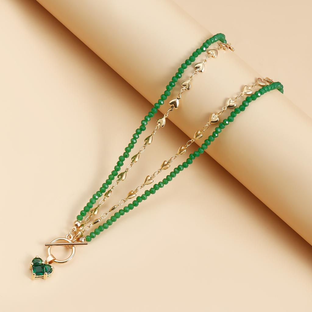 Double Layered Heart Crystal Beads Choker Necklace for Women Love Pendant OT Buckle Party Boho Jewelry Accessories