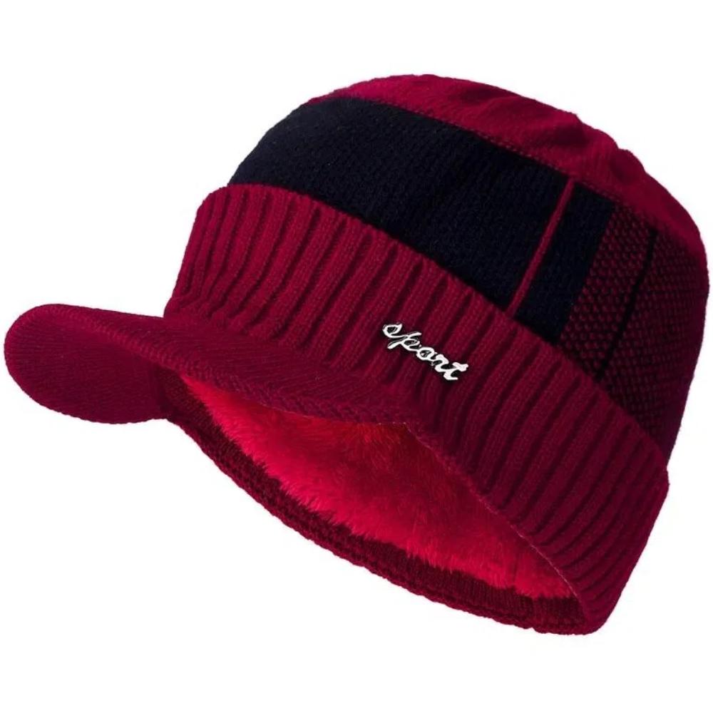 Unisex Classic Warm Winter Hat With Brim Plush Fur Lined Knit Cap Sports Label Thicken Winter Hats For Men Women