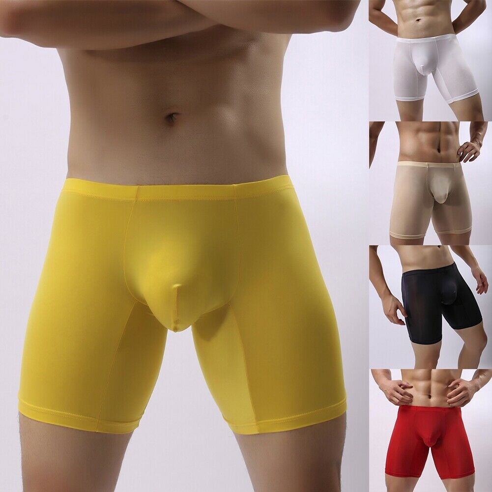 Men Long Leg Boxer Trunk Sport Breathable Bulge Pouch Briefs Ice Silk Underwear