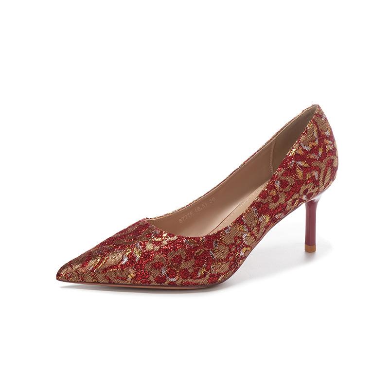 Elegant Red Silk Stiletto Heels with Gold Trim - Ideal for Weddings, Banquets, and Formal Events