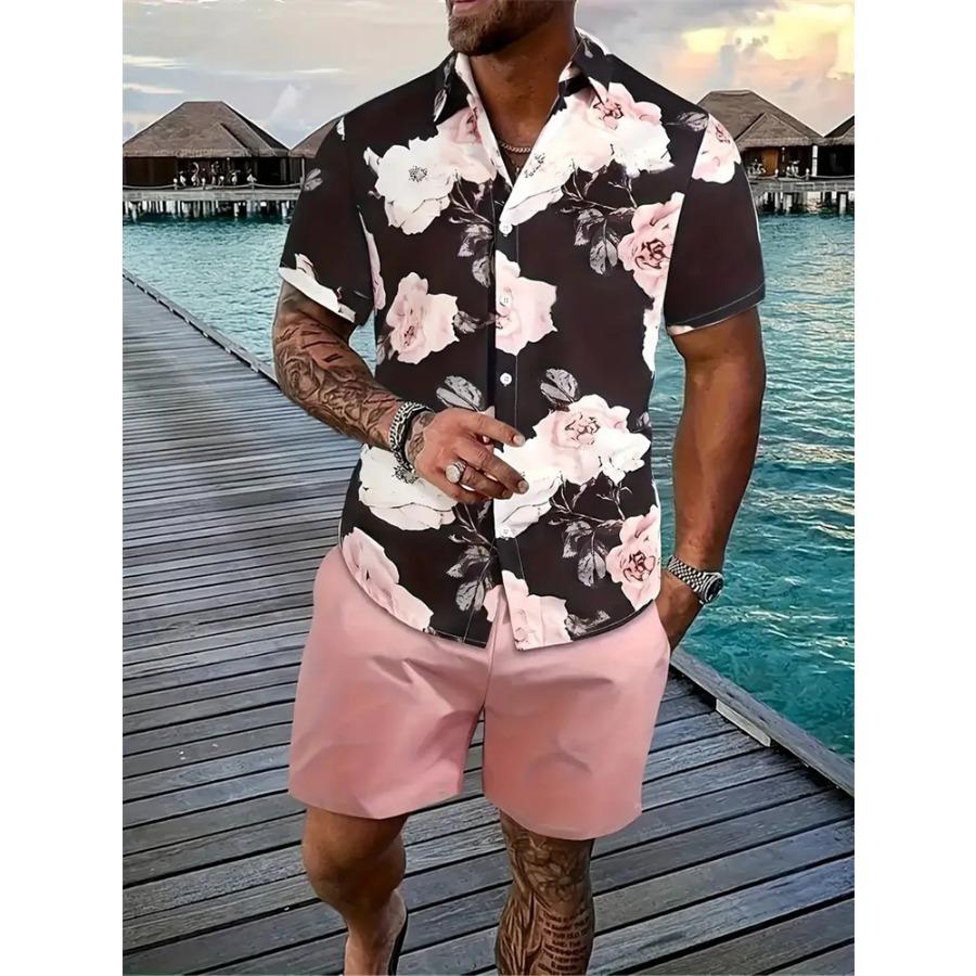 Hawaiian Men's Shirt Set 3D Printed Short-Sleeve Shirt Set Summer Beach Collared Two-Piece Shirt