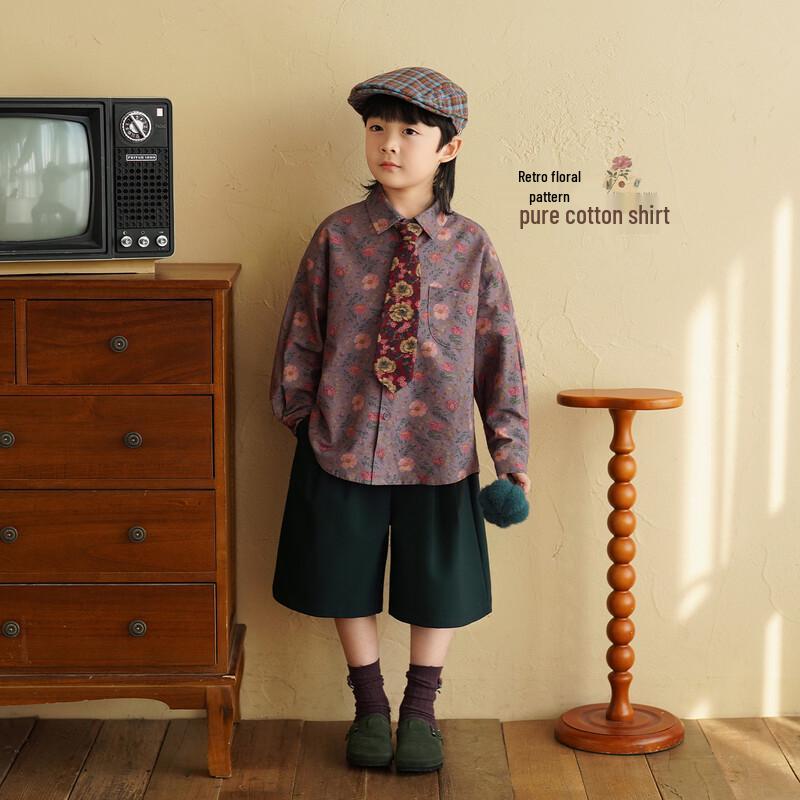 Yantaijia Boys  Retro Floral Cotton Long-Sleeve Shirt 90