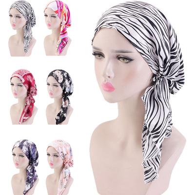 Muslim Women Pre-Tied Hat Inner Hijab Cancer Chemo Cap Flower Print Turban Headwear Bandana Long Tail Headscarf Beanies Bonnet