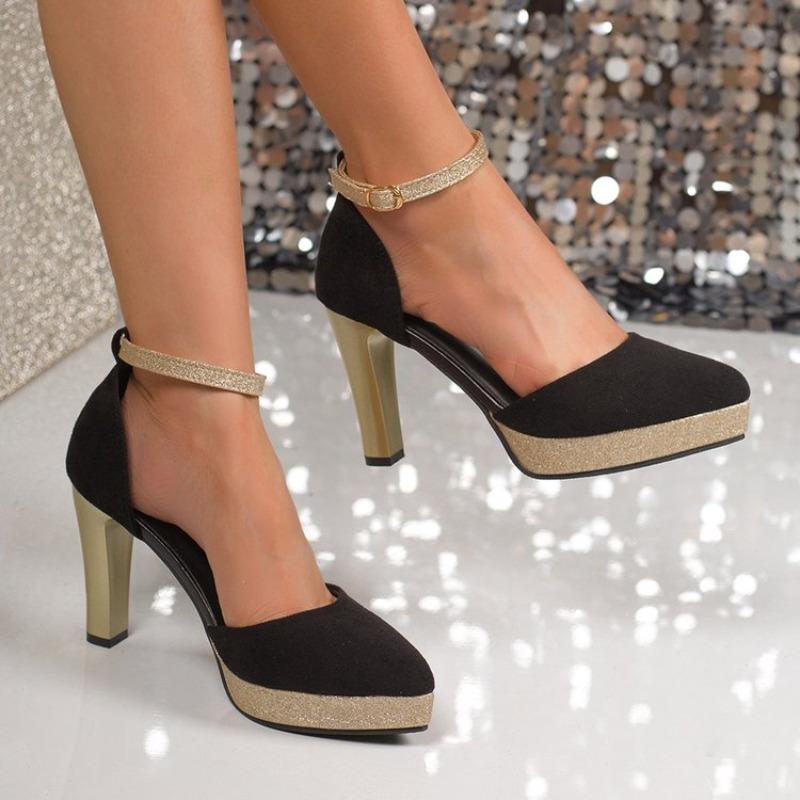 

One-word Buckle Block Heel High-heeled Shoes Women s Pointed Toe Platform Sexy Temperament Versatile Single Shoes 34
