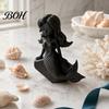 Cartoon Mermaid Figurine 3D Printed Action Figure, Dark Gothic Style with Matte Black Finish, Movable Joints Wavy Hair Design & Wide Rock Base, Decor