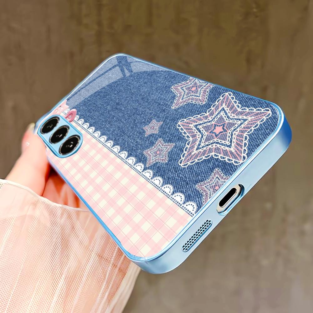 Pink and blue stars PhoneCase for Samsung Galaxy S26 S25 S24 S23 S22 FE Ultra Plus Built-in glass feel bare machine Men women