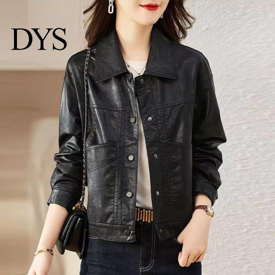 Button-up Women Jacket Faux Leather Smooth Surface Turn-down Collar Single-breasted Long Casual Coat Sleeves Pockets Retro Motorcycle Office Commuting