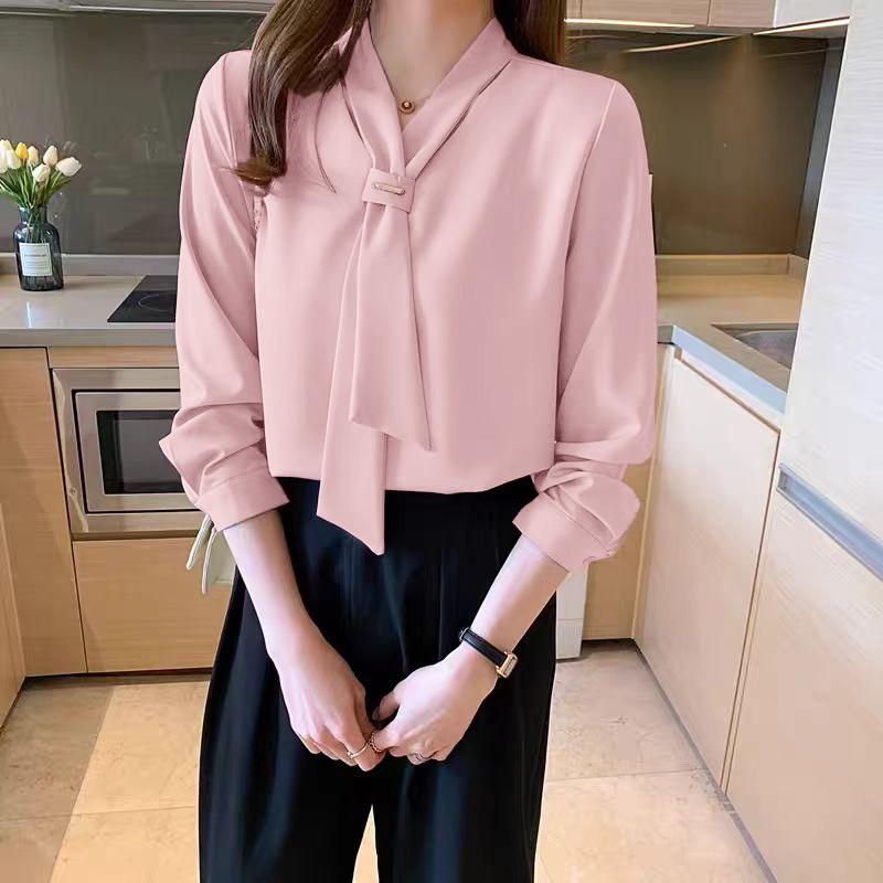 

ZANZEA Женская повседневная блузка с бантом на воротнике, однотонная, с рукавом 3/4 5XL розовый