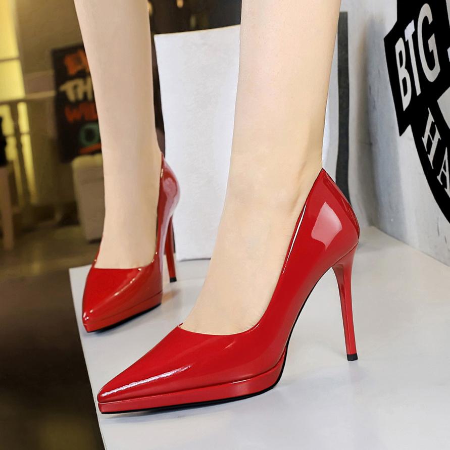 Fashion Banquet Women's Shoes with Fine Heels, Patent Leather, Shallow Mouth, Pointed Toe, Super High Heels, Waterproof Platform Shoes