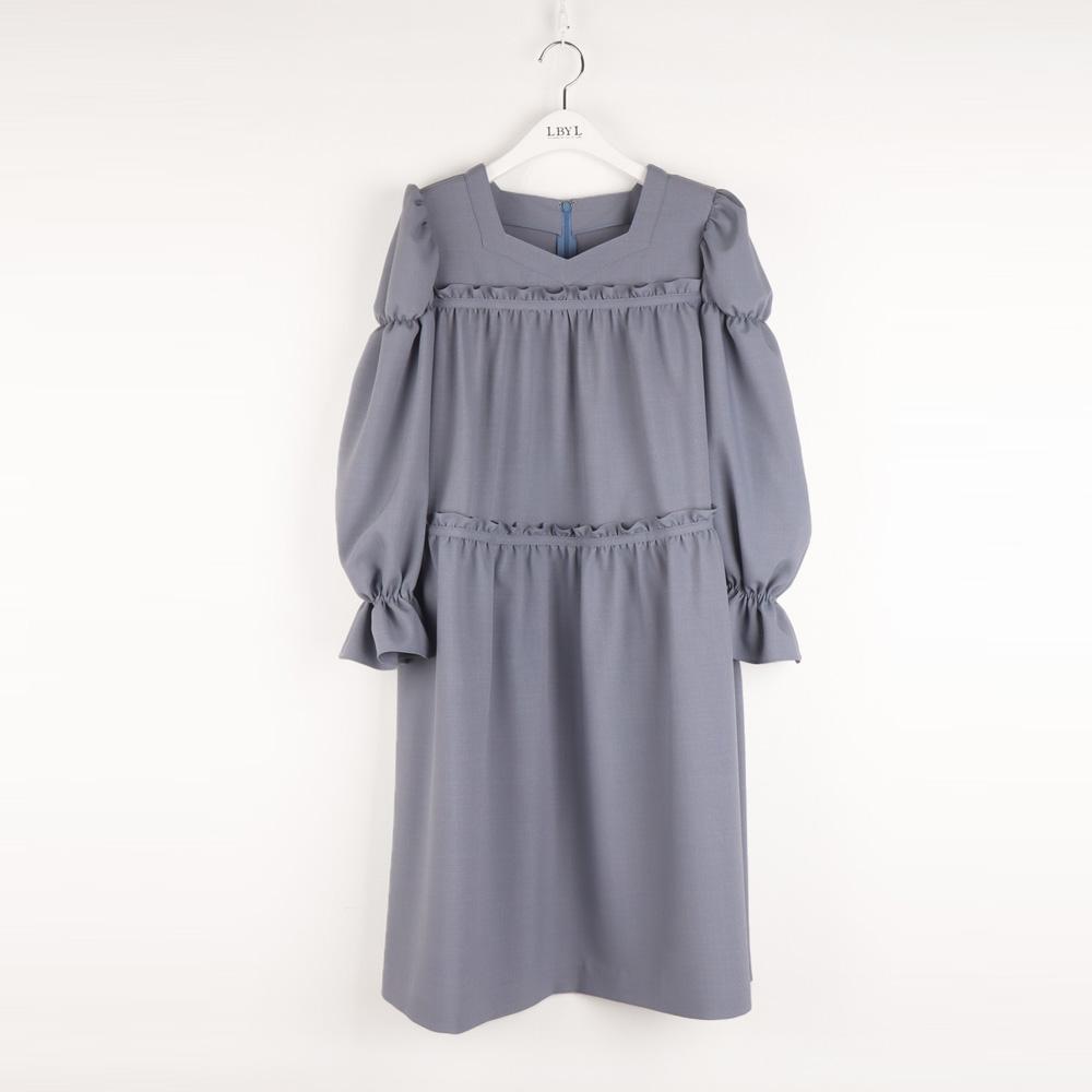 L By L Blue Square Neck Shirred Dress