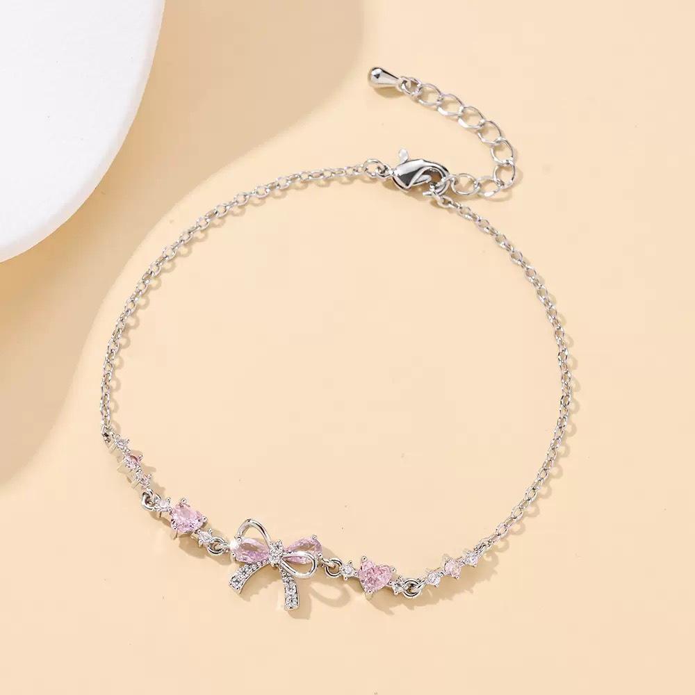 Women's Pink Zircon Heart Bracelet - Elegant Diamond Bow Design, Cute & Sweet Gift for Girlfriend