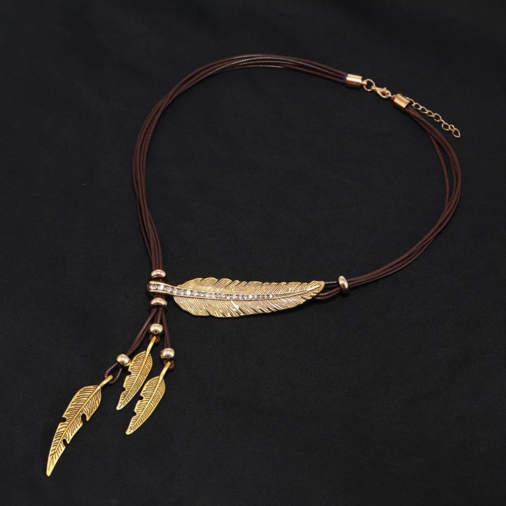 Rhinestone Leather Rope Tassel Necklace Zinc Zinc Alloy Leaves Neck Pendant Golden Feather Necklace  Couple