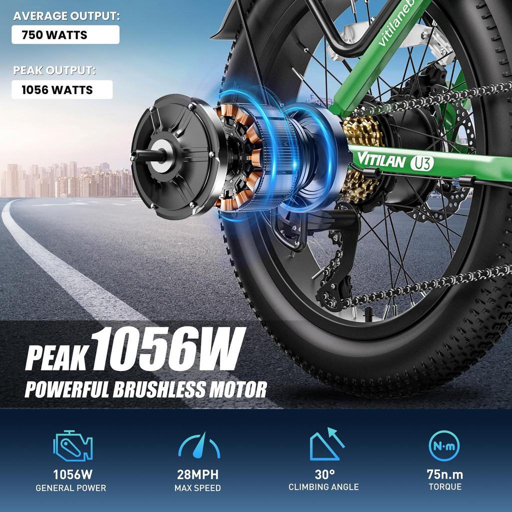Vitilan U3 Electric Bike 750W Motor 48V 13AH Battery 20*4.0-inch Tires 45km/h Max Speed 65km Max Range Mechanical Disc Brake