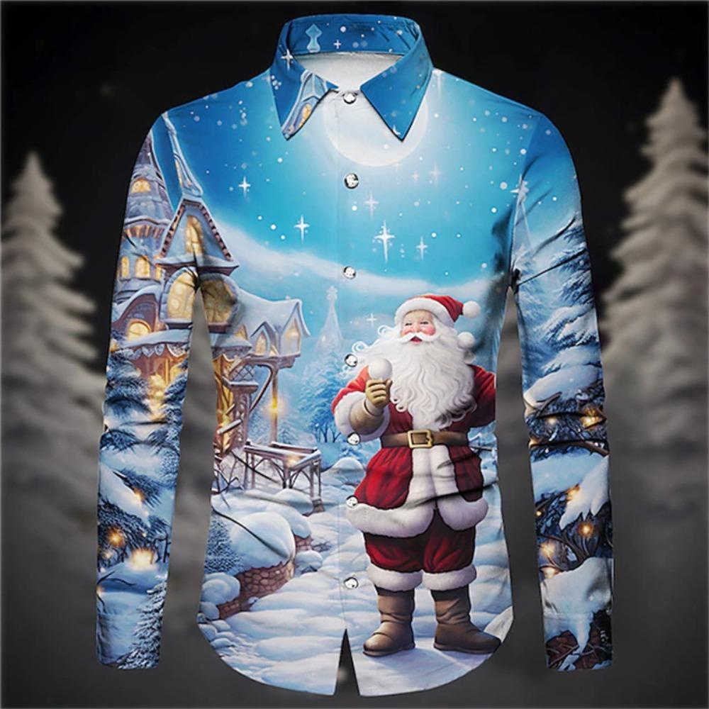 Gift Christmas Tree Print Men's Long Sleeve Shirt Urban Street Men's Fashion Christmas Shirt Autumn And Winter Casual Mens Shirt