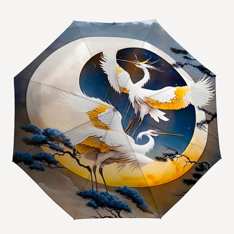 1pc Elegant Crane Dance Moonlit Night Auto Open Close Umbrella - Portable 3-Fold Design with Iron Frame, Perfect for Outdoor, Festive Gifts, Trav