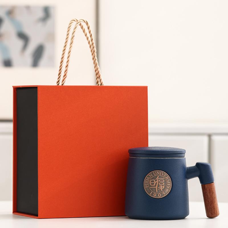 Famous School Ceramic Cup Filter Cup, Metal Bronze Plate Relief Cup, Water Cup With Lid Gift Box